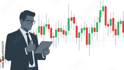 A businessman in a suit and glasses analyzes a stock market candlestick chart on a tablet.