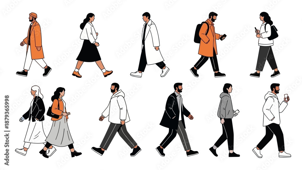 Fototapeta premium A diverse group of people walking in a stylized, flat illustration style, showcasing various clothing and poses.