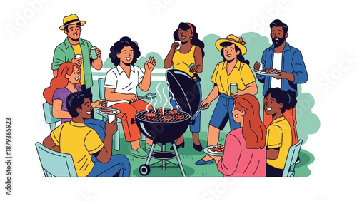 A diverse group of friends enjoying a sunny day barbecue with grilled food and drinks.