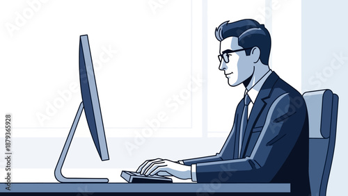 A man in a suit and glasses sits at a desk and types on a computer keyboard.