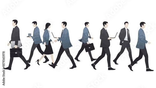 A group of diverse business professionals walking in a line, carrying briefcases and laptops, symbolizing a corporate environment.