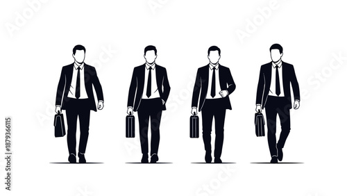 Four businessmen in suits walking with briefcases, depicted in a minimalist black and white style.