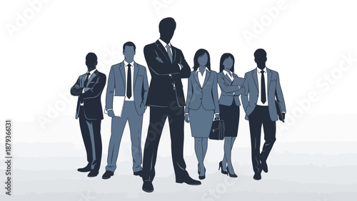 A diverse group of business professionals standing together in a confident and united stance.