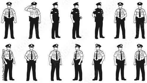 Collection of Silhouettes of Police Officers in Uniform and Various Poses.