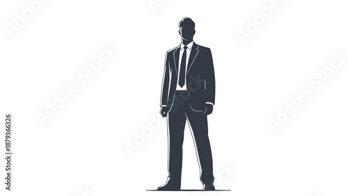 Silhouette of a businessman in a suit and tie standing against a white background.