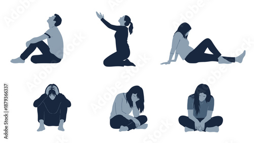 A collection of six diverse illustrations depicting individuals in various states of distress and contemplation.