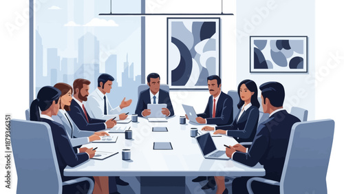 A diverse group of professionals in business attire are seated around a large conference table during a meeting.