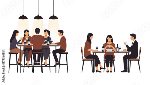 A group of people enjoying a meal and drinks at a restaurant, with two separate seating areas.