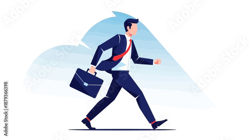 A businessman in a suit and tie walks purposefully carrying a briefcase, with abstract cloud shapes in the background.