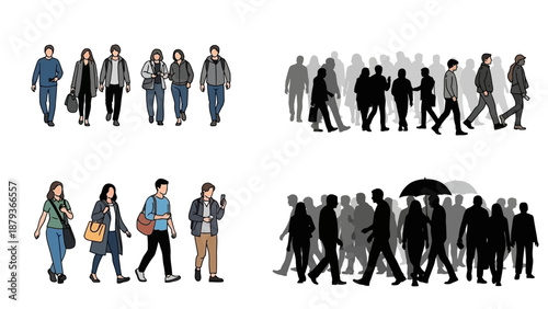 Collection of stylized illustrations depicting groups of people walking in different styles, including silhouettes and detailed figures.