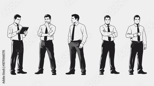 Collection of five black and white illustrations of a businessman in various poses, showcasing different professional stances and actions.