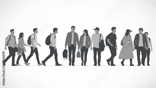 A diverse group of people in silhouette, walking in a line against a plain background.