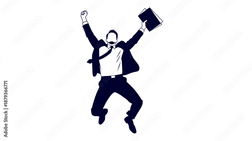 Fototapeta premium A jubilant businessman in a suit leaps into the air with a folder in his hand.