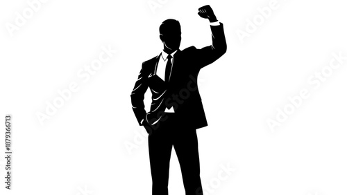 Silhouette of a businessman in a suit raising his fist in a gesture of success and power.