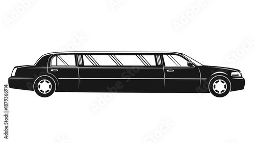 A black limousine with tinted windows is shown from a side profile against a white background.