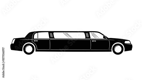 A sleek, black limousine with tinted windows, parked on a white background, symbolizing luxury and transportation.