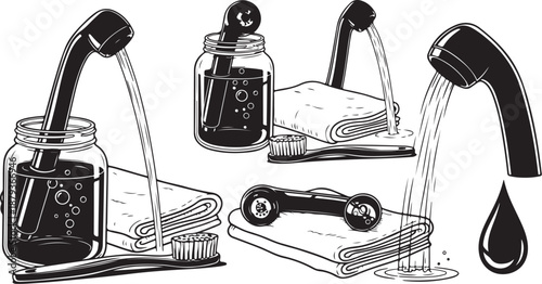 Black and white illustration of bathroom sink and toiletries