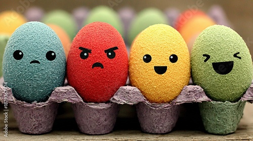 Emotion-learning tool top photo: purple carton 4 color eggs match sad-joy-anger-laugh, soft blur cuts distraction, ideal for early-learning center or psychology slide