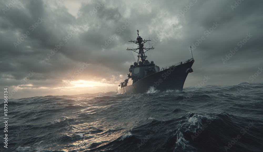 Fototapeta premium Navy destroyer ship navigating through stormy ocean waters under a dramatic cloudy sky during rough weather