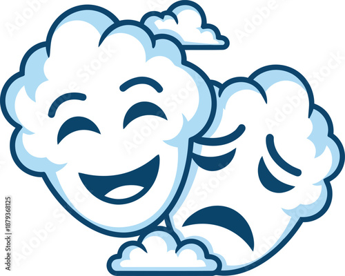 Minimalist flat two color vector icon of comedy and tragedy masks formed from clouds World Theatre Day