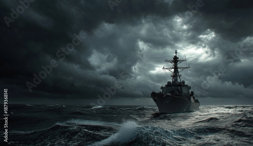 Wallpaper Mural Navy destroyer ship navigating turbulent ocean under stormy, dark sky with dramatic cloud formations and choppy waters Torontodigital.ca