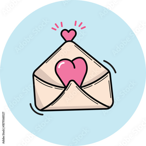 Flat vector illustration of a playful open envelope with a heart popping.  Cute romantic message icon perfect for Valentine, dating apps, messaging UI, wedding and love-themed design projects.