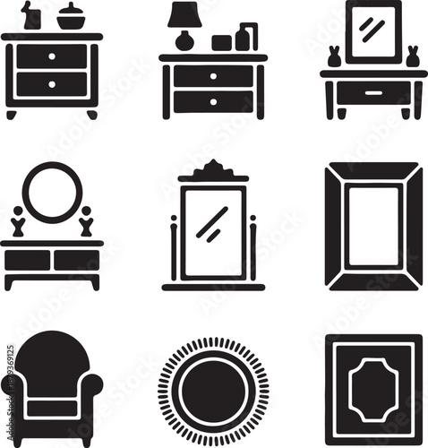 Collection of black and white icons depicting various furniture items and home decor elements