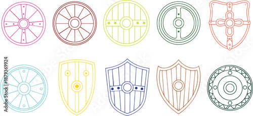 Collection of colorful medieval shields and wheels isolated on transparent background for design and illustration purposes