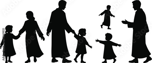 Silhouette family walking together, parents and children in traditional clothing, joyful interaction, minimal black vector illustration isolated on white background