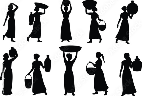 Traditional rural women carrying water pots and baskets silhouette set, village female daily work lifestyle vector illustration isolated on white background