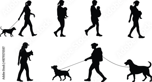 Woman silhouette set walking dogs and carrying baby, mother daily outdoor activities collection, black female figures vector illustration isolated on white background