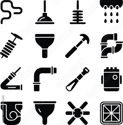 Collection of plumbing tools and fixtures icons including wrenches pipes and drains isolated on transparent background