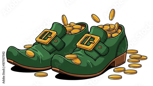 Pair of green leprechaun shoes overflowing with gold coins a symbol of luck and wealth for St Patricks Day celebrations isolated on white