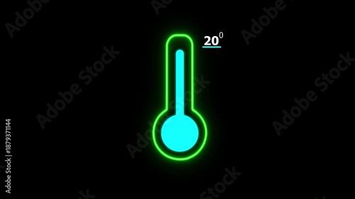 Neon Medical thermometer icon animation. That's indicates weather temperature 20 degree increase or decline with on a black background.