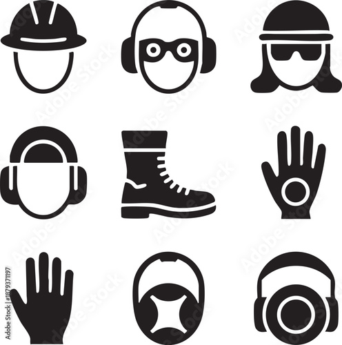 Collection of safety and protective equipment icons including helmets boots gloves and headphones