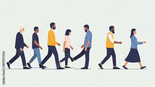 Diverse group of people walking in a line together.