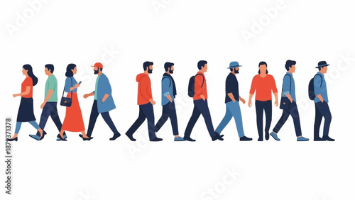Diverse group of people walking in a line illustration.