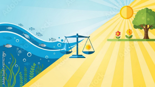 Balance between water and sun representing ecosystem equilibrium with fish and plants under natural light vector illustration for environmental concepts