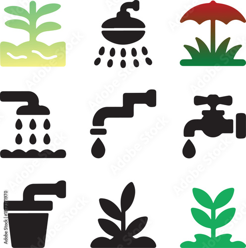 Collection of watering plant icons representing various methods of irrigation and plant care