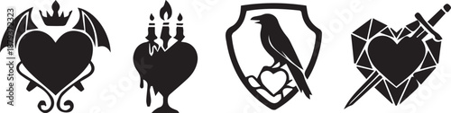Symbolic graphic concept art featuring intricate heart designs. A unique collection of gothic-inspired emblems, perfect for adding depth and mystery to various creative projects