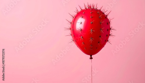 A surreal red balloon covered in sharp spikes, floating against a soft pink background, symbolizing danger or vulnerability in a whimsical yet unsettling way