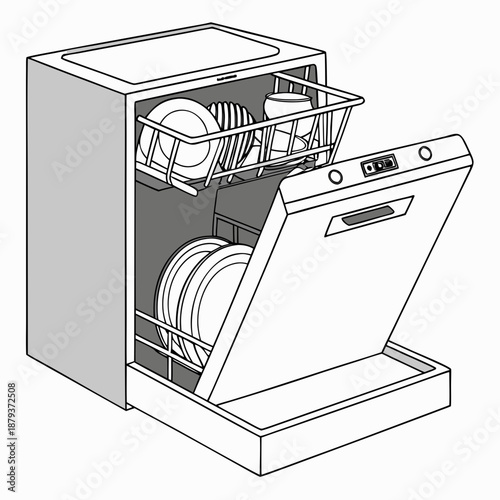 Open dishwasher with clean dishes