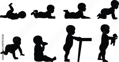 Baby development stages silhouette collection showing infant rolling crawling sitting standing and playing, early childhood growth concept, black vector illustration isolated