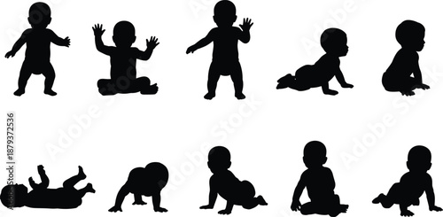 Baby development stages silhouette set, crawling sitting standing infant poses, child growth sequence vector illustration isolated on white background