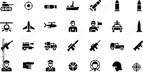 Modern military weapons and army equipment silhouette icon set including tanks, missiles, aircraft, ships and soldiers, representing warfare, defense technology, security, and combat power