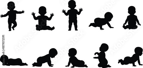 Baby development stages silhouette vector illustration, infant crawling sitting standing poses collection isolated on white background for childhood growth concept