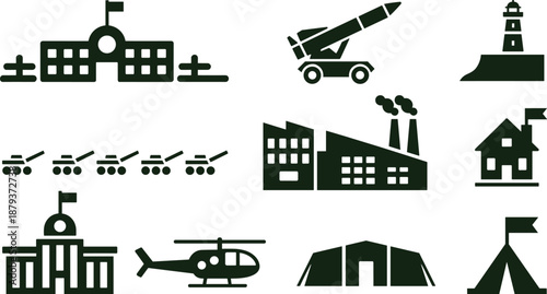 Silhouette icons of military vehicles, infrastructure, and strategic buildings including tanks, helicopters, factories, tents, and missile launchers.