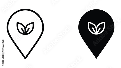 Location pin with leaf icon in black and white
