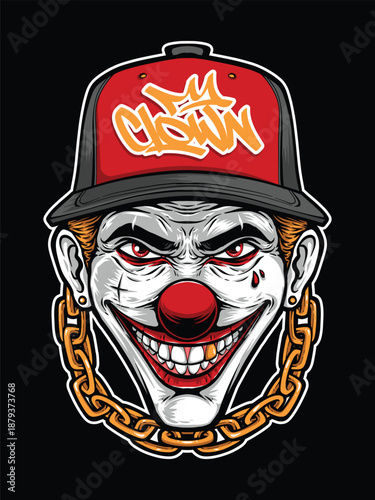 clown wearing cap and gold chain necklace