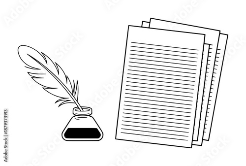 Quill pen in inkwell with stacked lined paper sheets